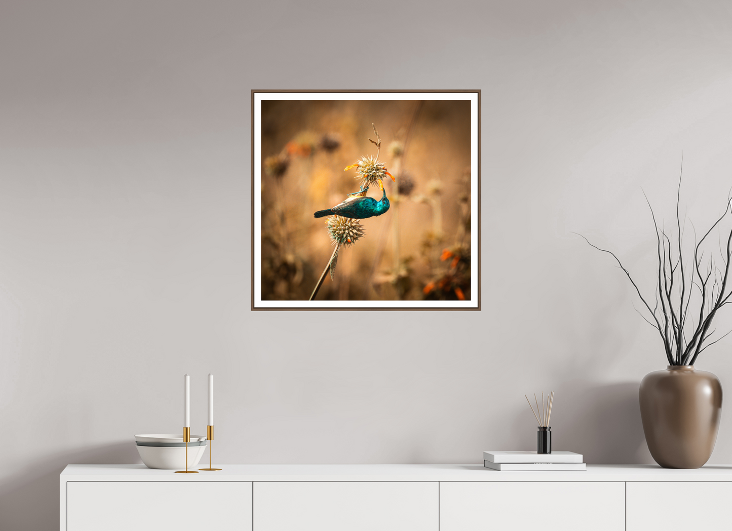 62.7 x 60 cm, walnut wood and 2cm white border Suspended Grace