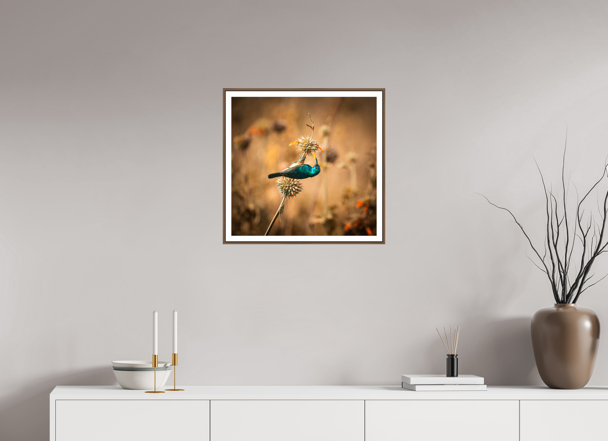 52.3 x 50 cm, walnut wood and 2cm white border Suspended Grace